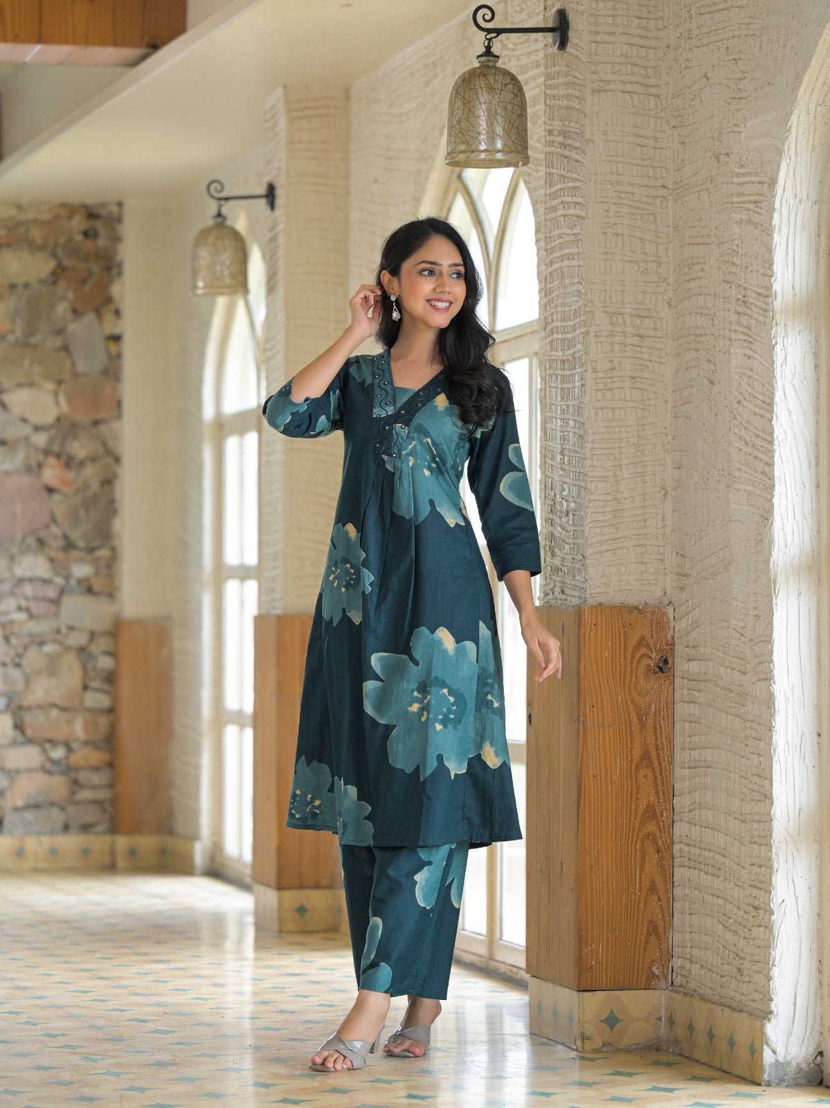 Blue Cotton Co-ord Set with Subtle Printed