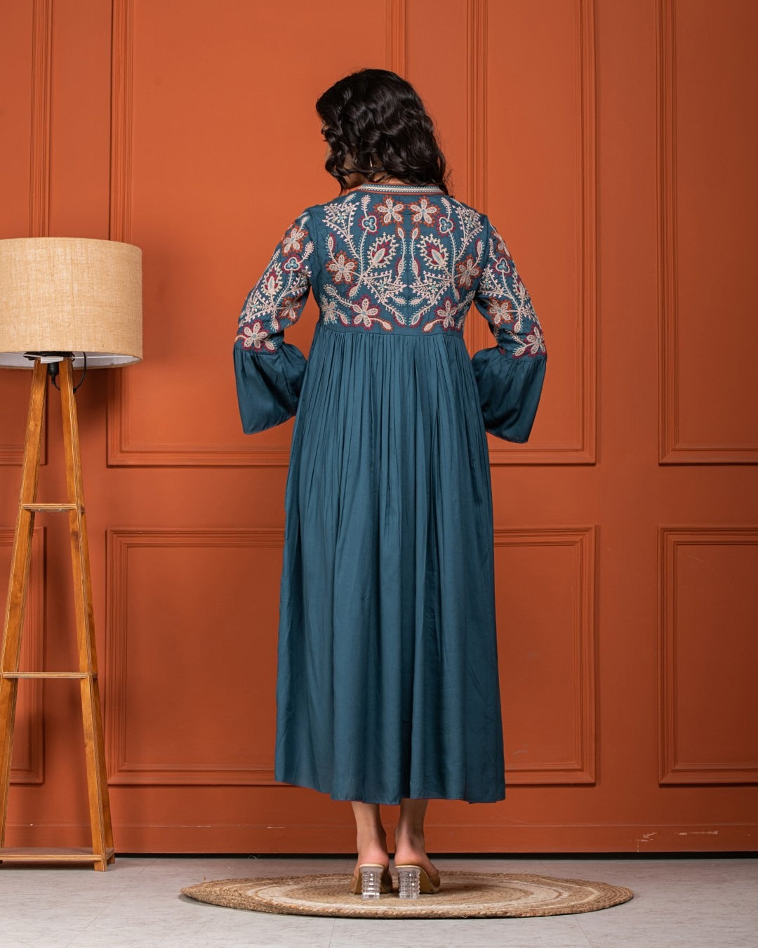 Blue Long Dress with Neck Embroidery Work