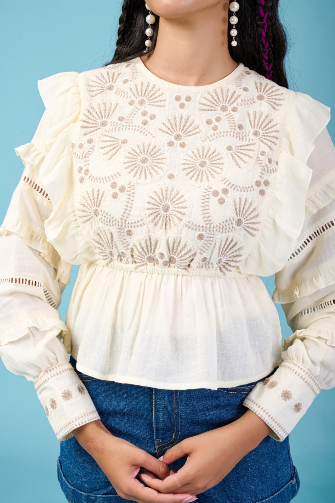 Cream Thread Embroidered Puff Sleeve Top
