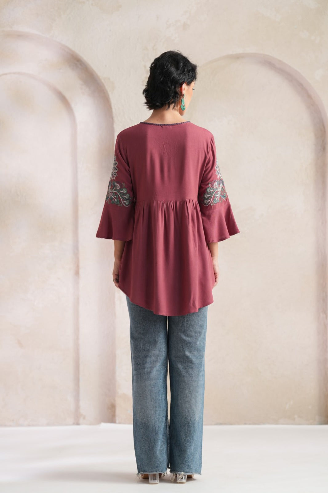 Chic Maroon Embroidered Fashion Top