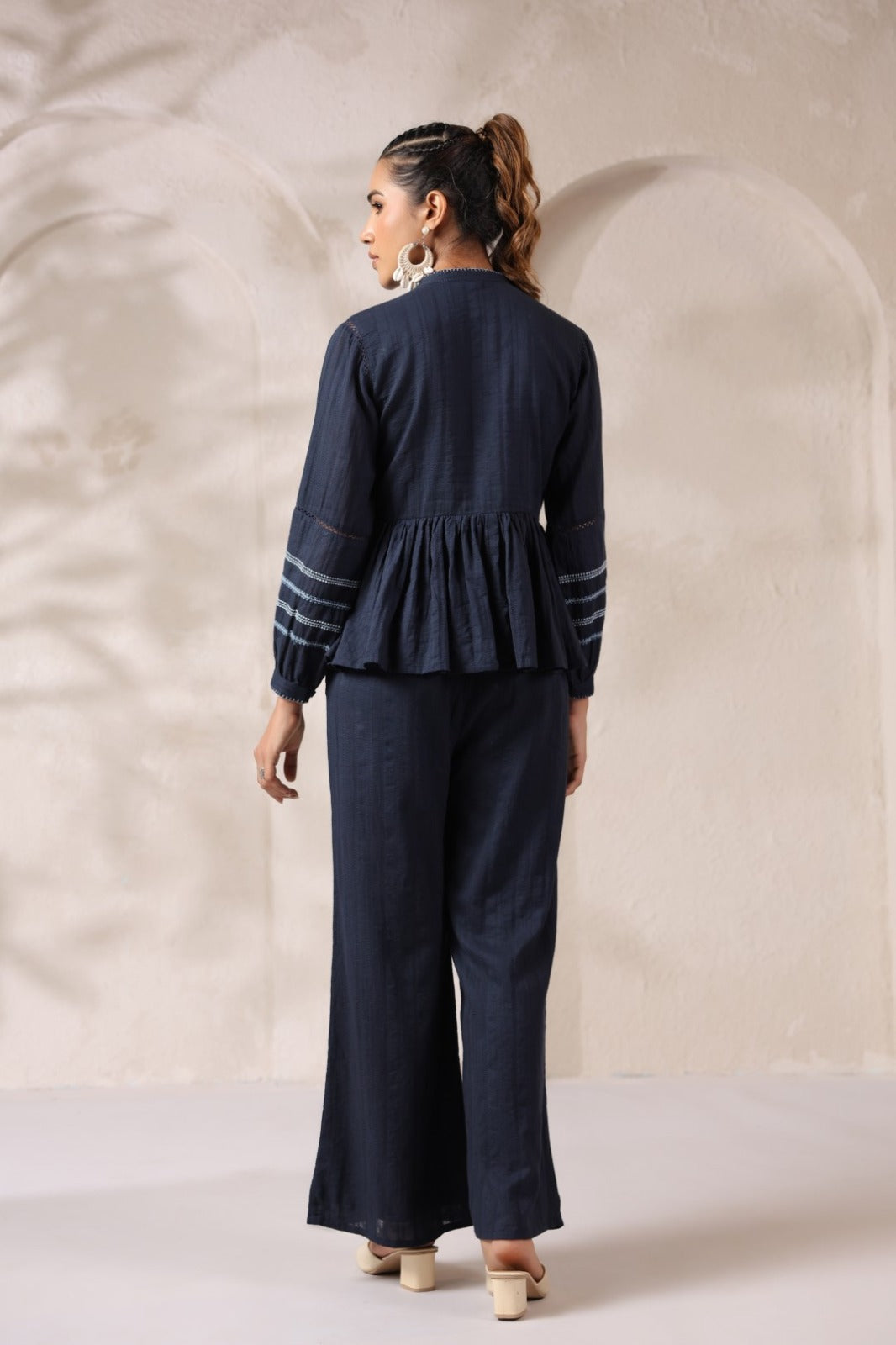 Blue Cotton Co-ord Set with White Thread Work