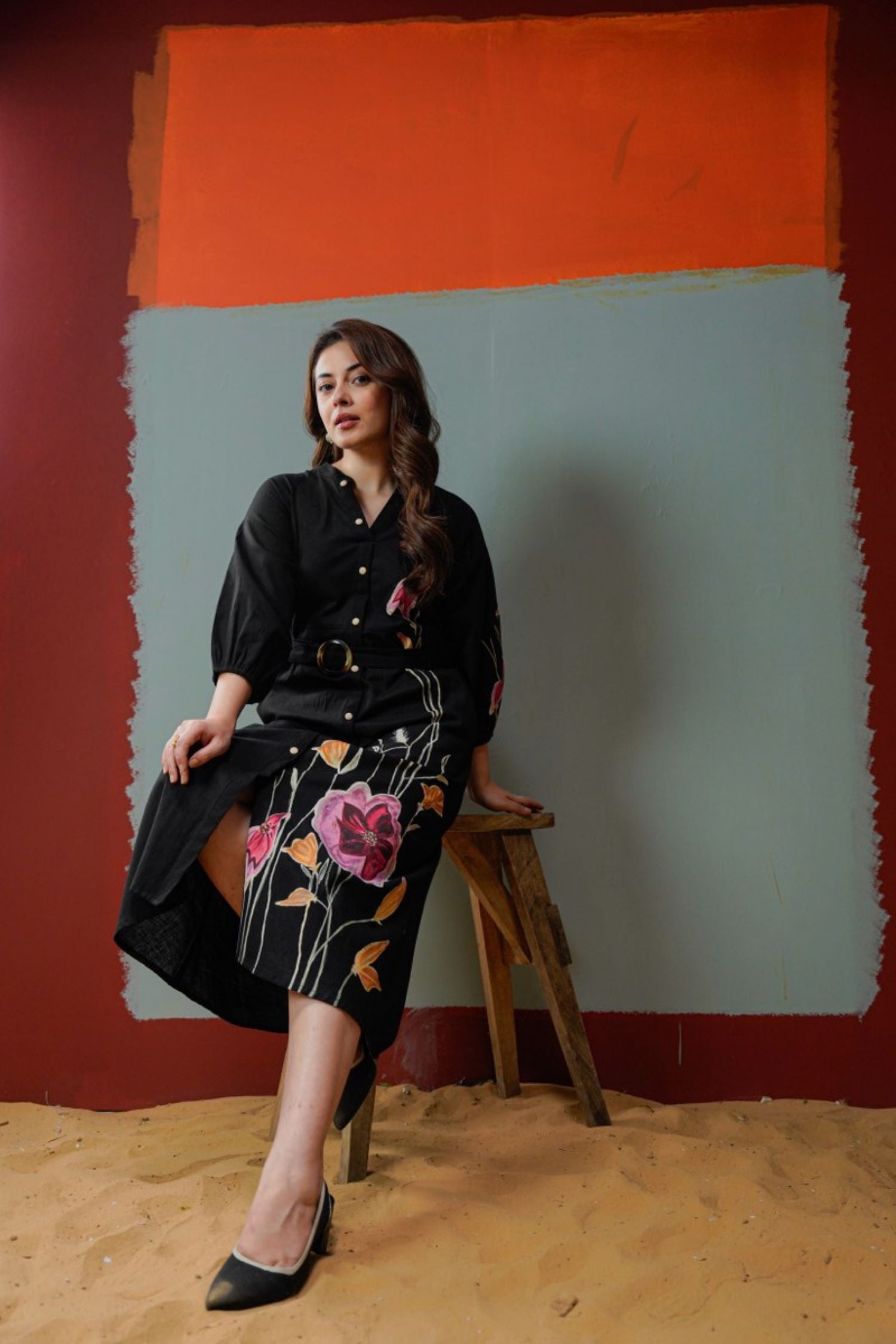 Black One-Side Floral Work Dress