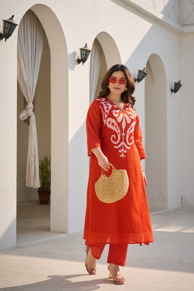 Orange Printed Neck Straight Cut Cotton Co-ord Set