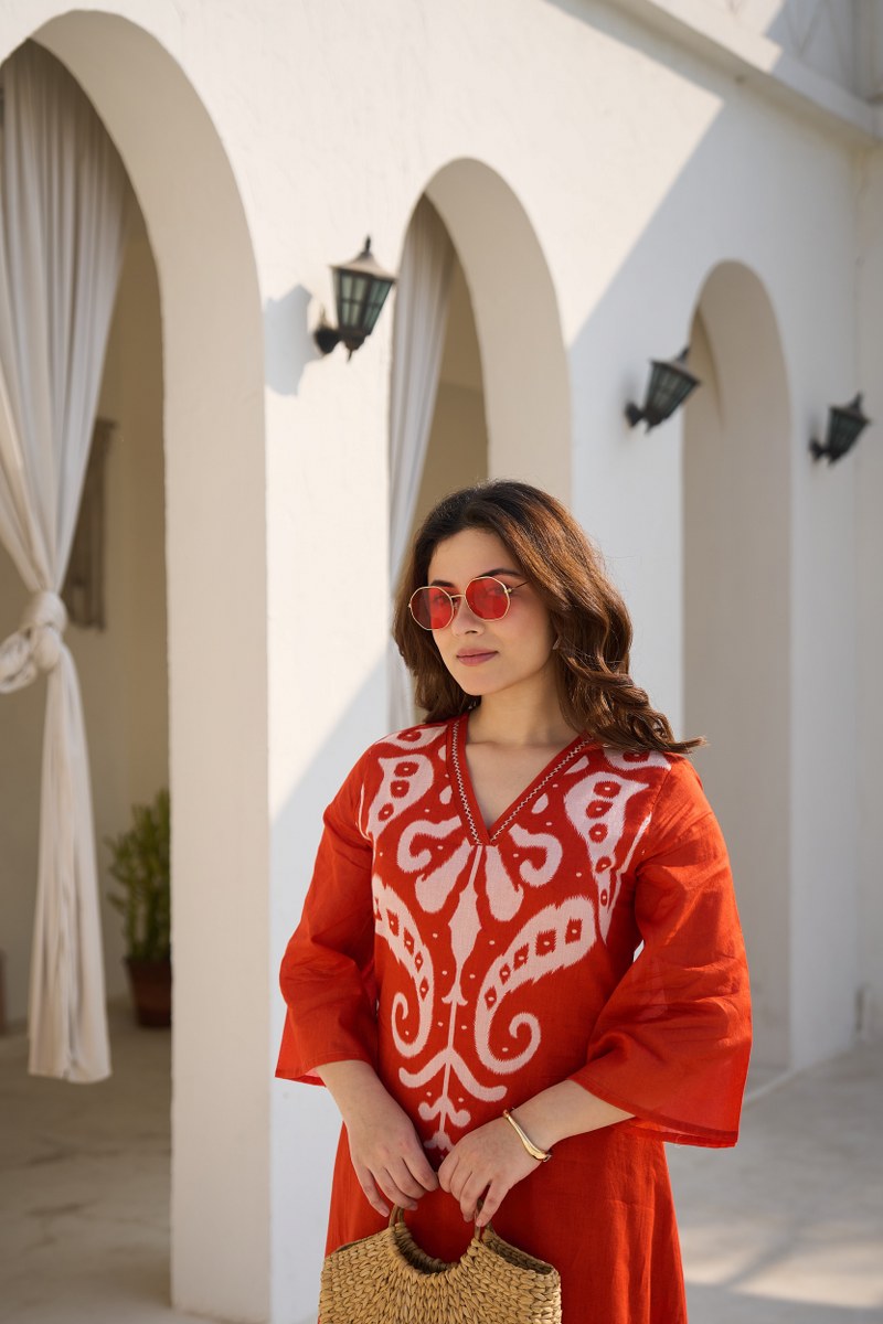 Orange Printed Neck Straight Cut Cotton Co-ord Set