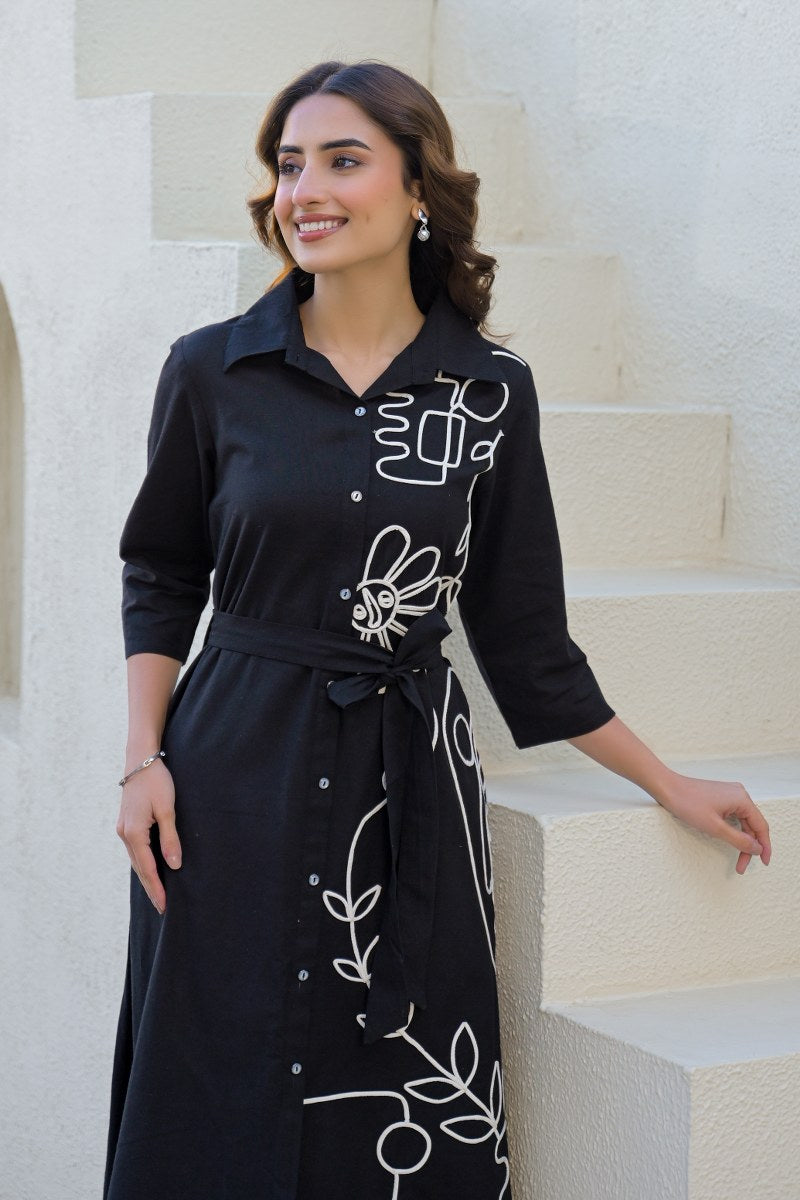 Black Cotton Embroidered Dress with Belt