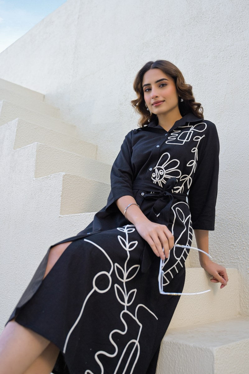 Black Cotton Embroidered Dress with Belt