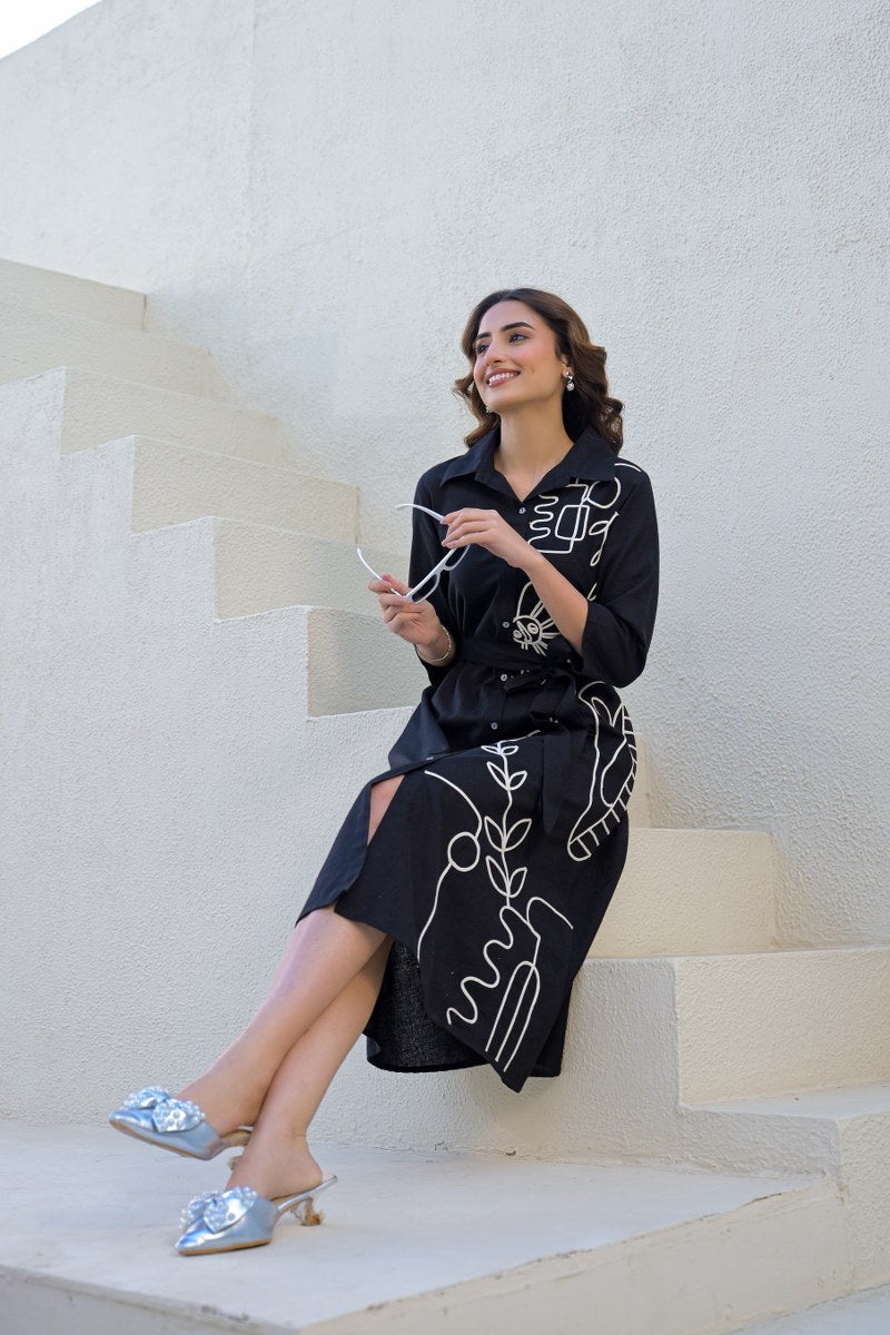 Black Cotton Embroidered Dress with Belt