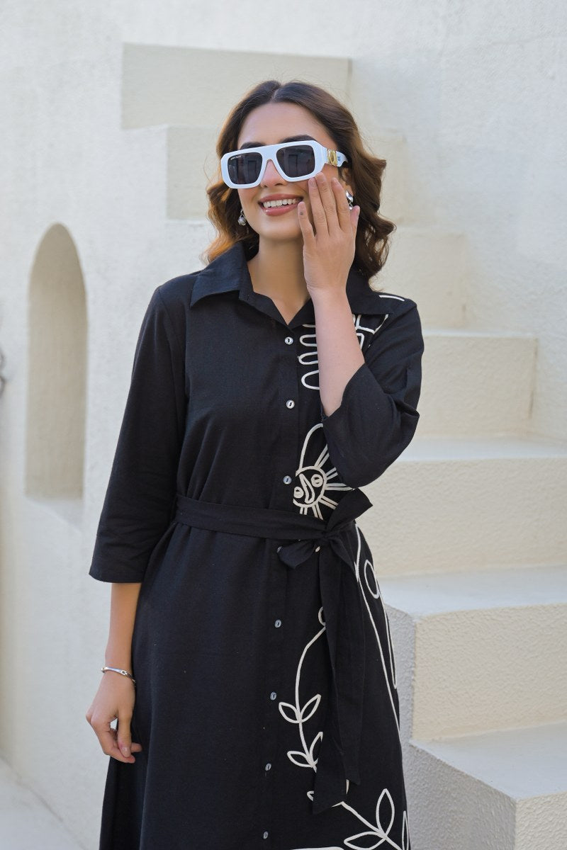 Black Cotton Embroidered Dress with Belt