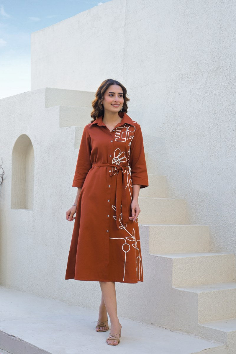 Brown Embroidered Dress with Belt