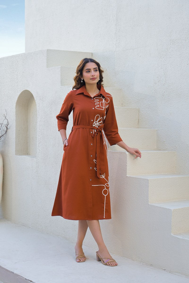 Brown Embroidered Dress with Belt