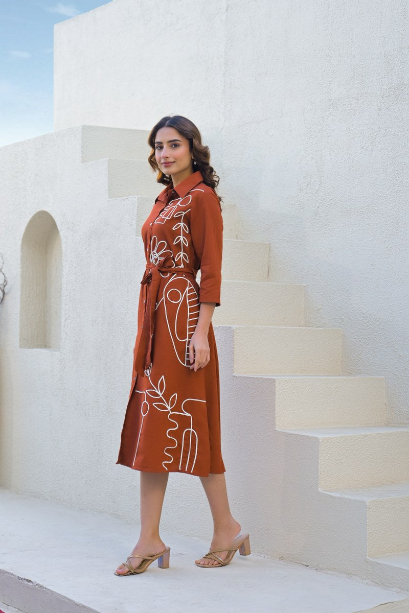 Brown Embroidered Dress with Belt