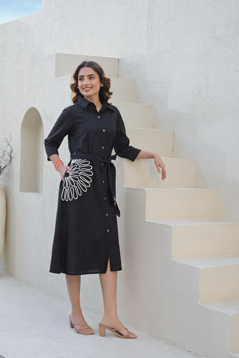 Black Cotton Floral Belted Dress