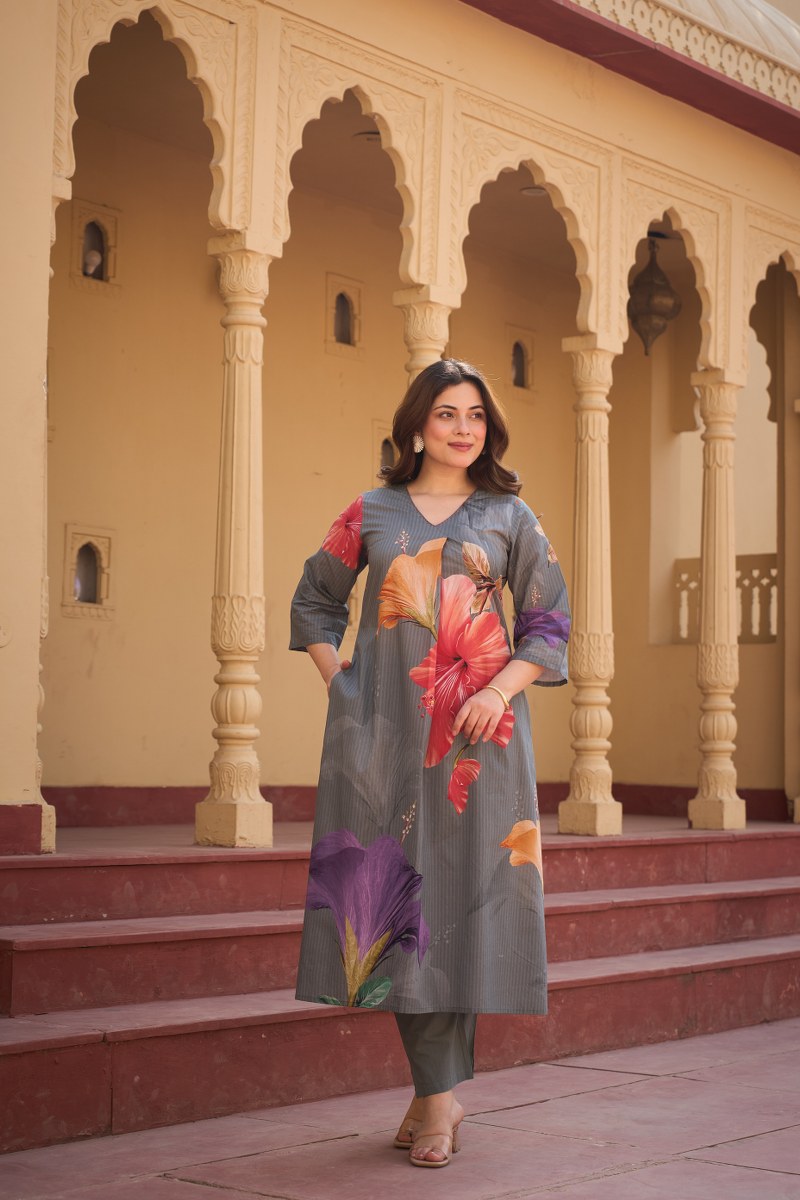 Grey Floral Print Cotton Co-ord Set