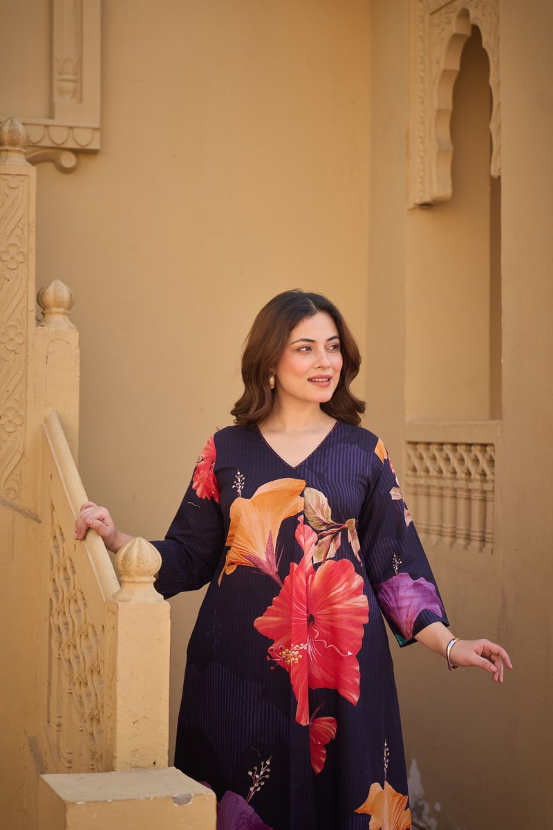 Navy Blue Floral Printed Co-ord Set in Cotton Fabric