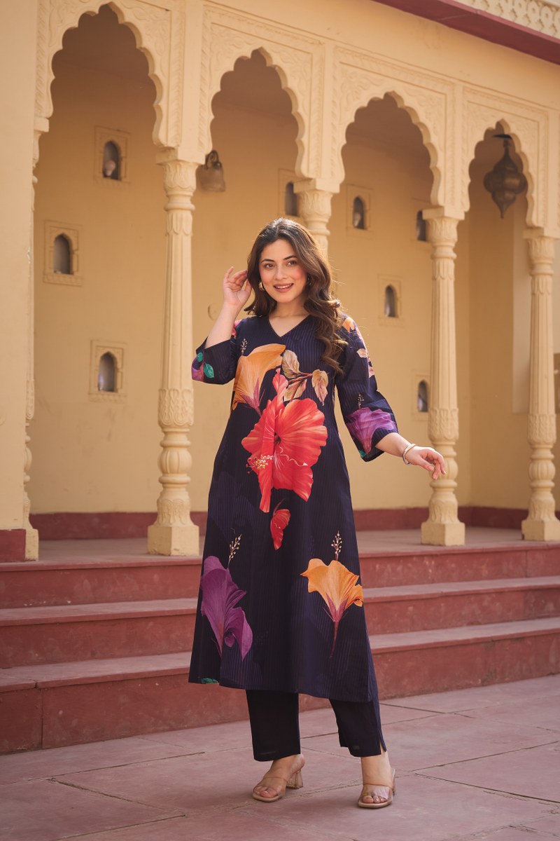 Navy Blue Floral Printed Co-ord Set in Cotton Fabric