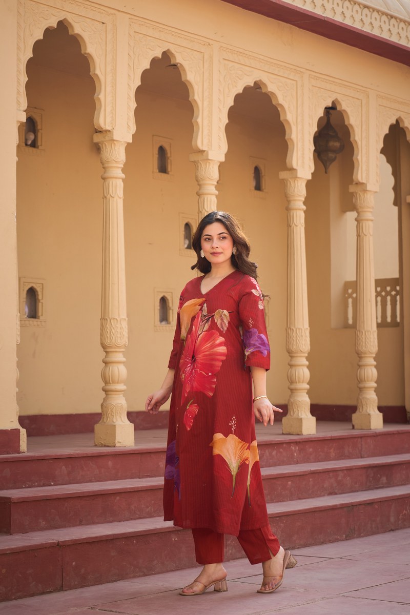 Rust Cotton Co-ord Set with Floral Print