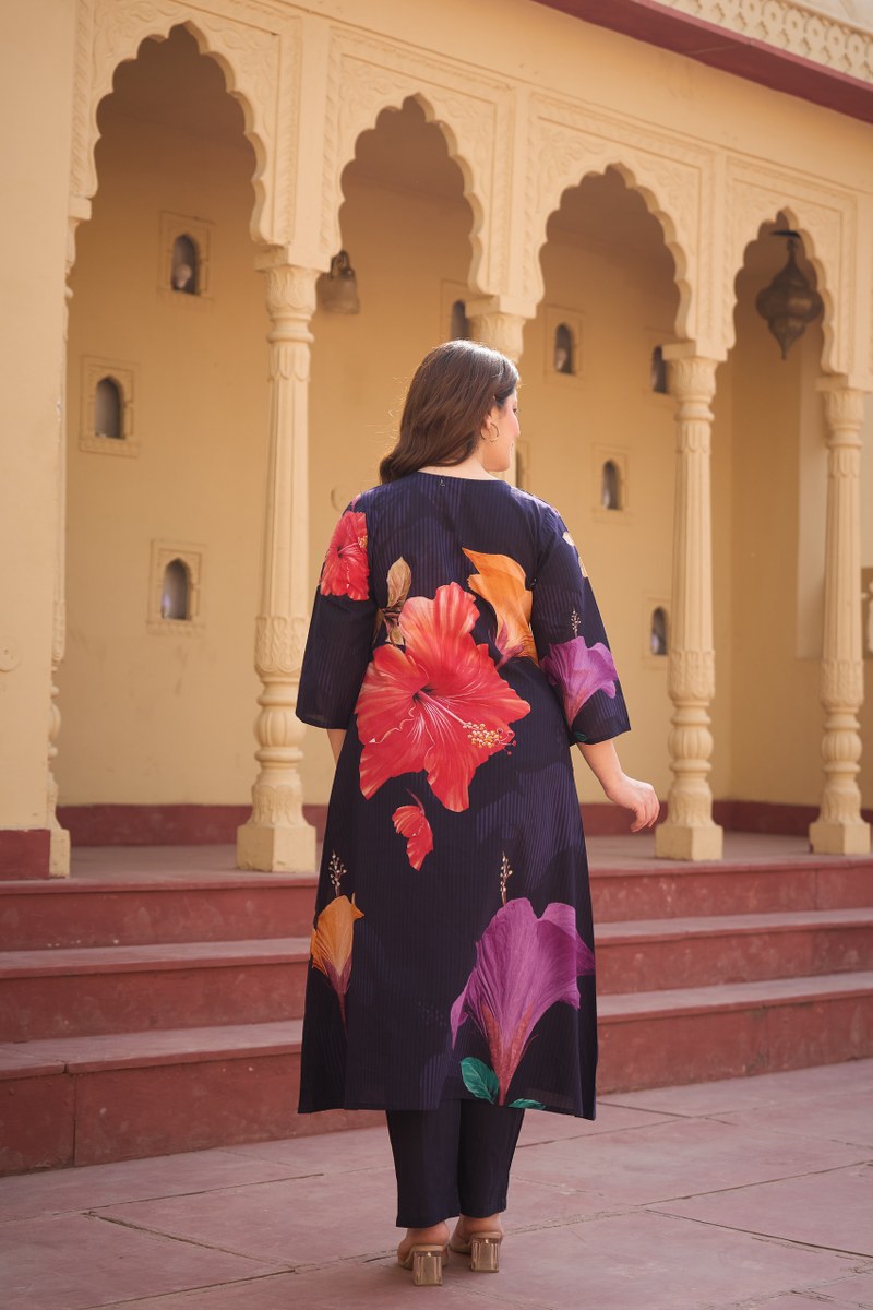 Navy Blue Floral Printed Co-ord Set in Cotton Fabric