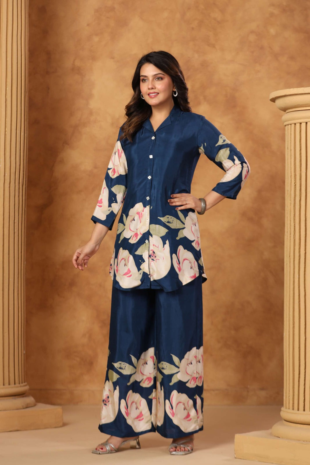 Blue Satin Co-ord Set with Bold Floral Print