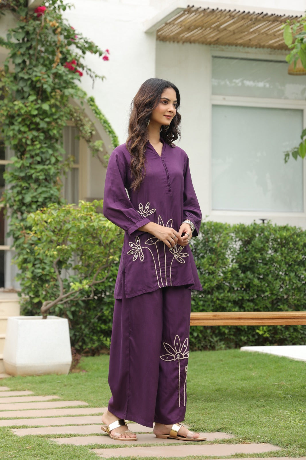 Purple Satin Co-ord Set with Floral Embroidery