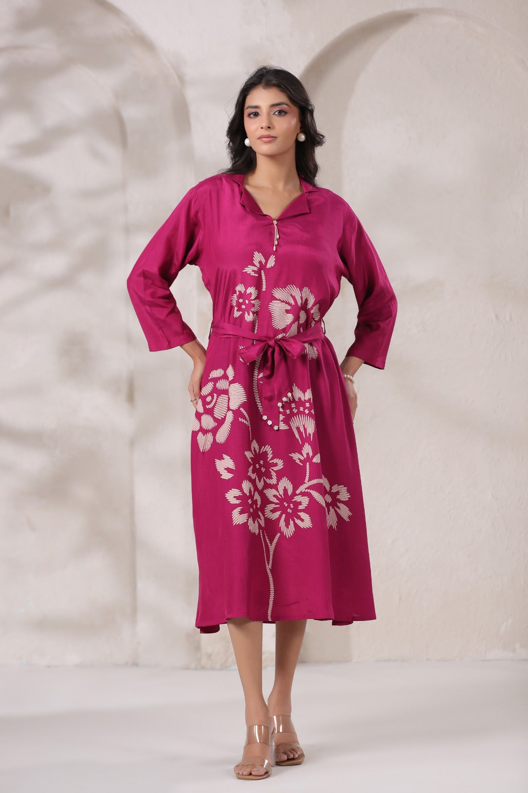 Margenta Satin Long Dress with Golden Floral Embroidery