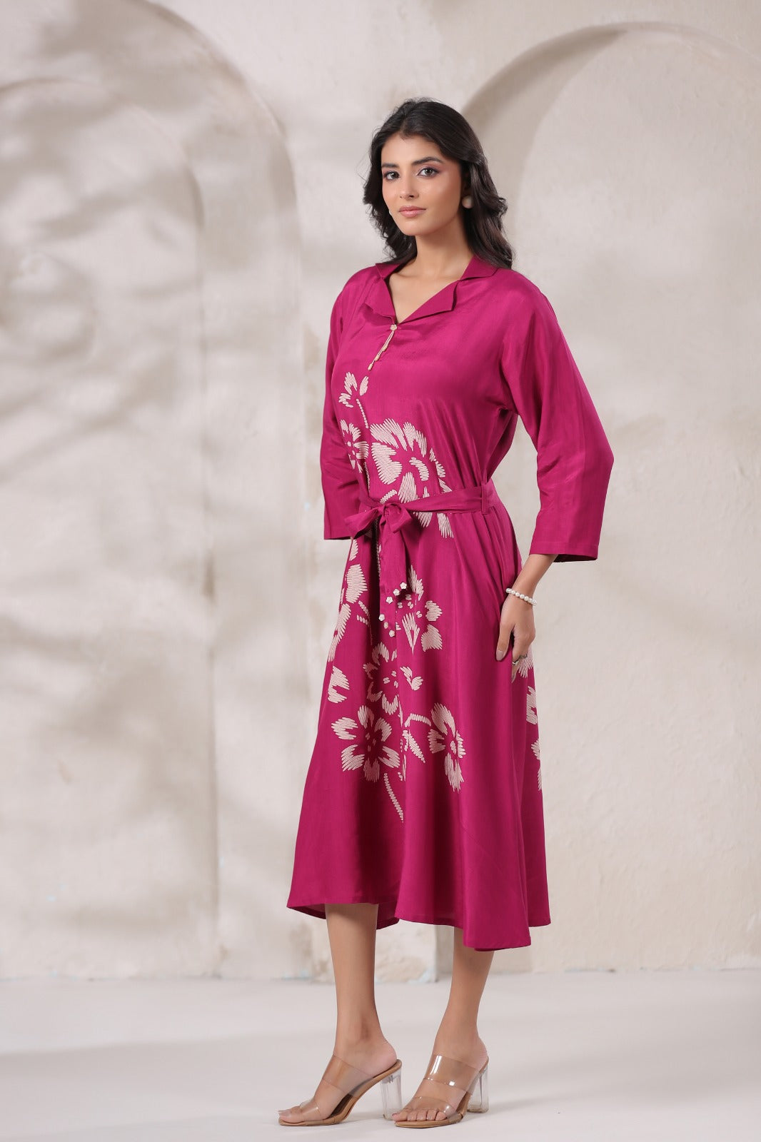 Margenta Satin Long Dress with Golden Floral Embroidery