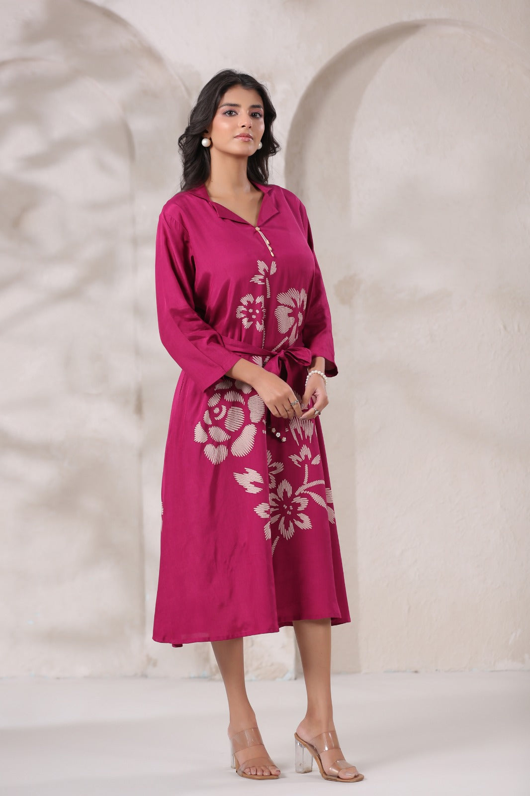 Margenta Satin Long Dress with Golden Floral Embroidery