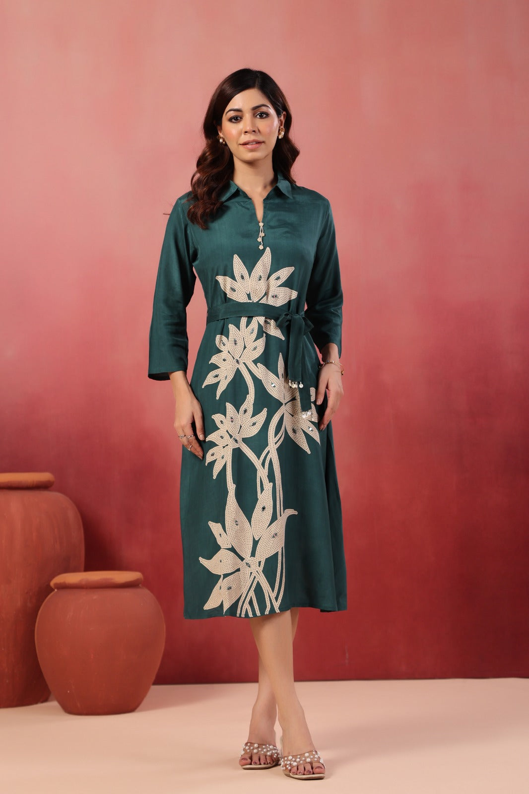 Rama Satin Long Dress with Golden Floral Embroidery