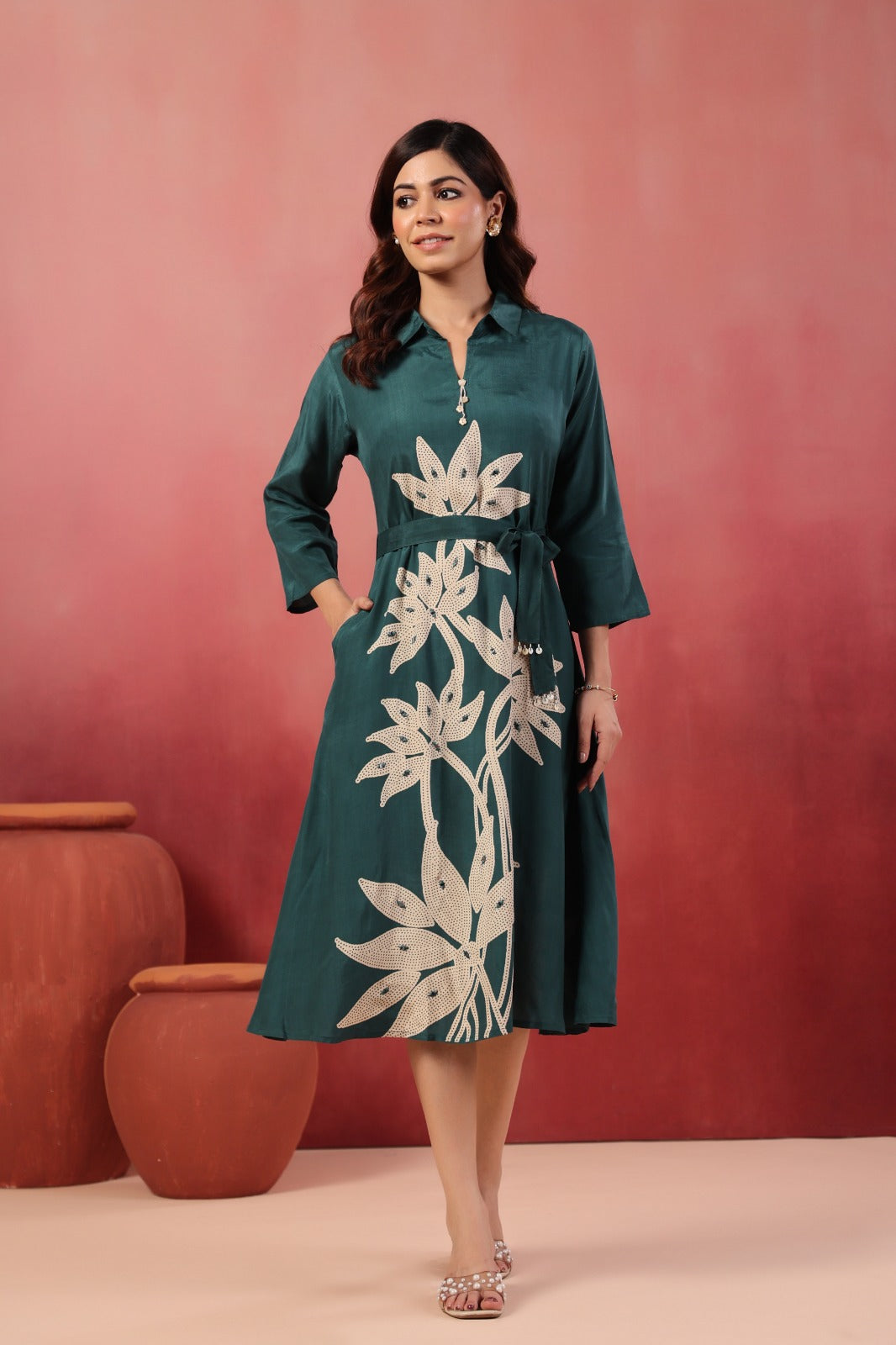 Rama Satin Long Dress with Golden Floral Embroidery