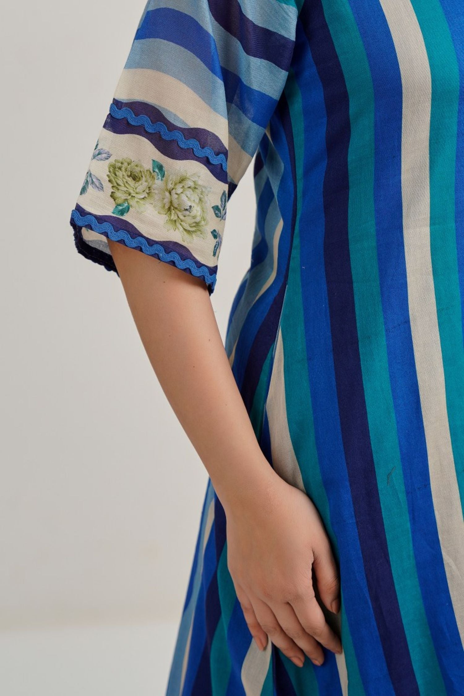 Blue Vertical Stripe A-Line Kurta Cord Set