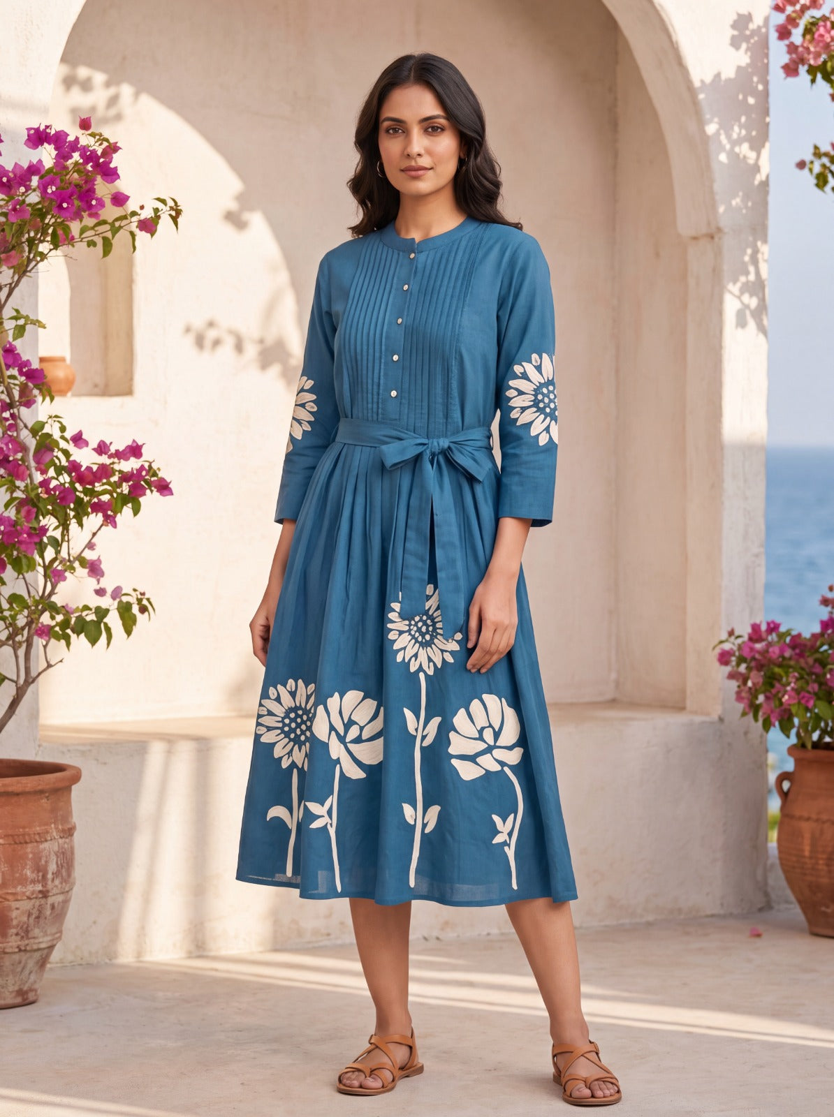 FREYAA Printed Cotton Midi Dress with 3/4th Sleeves & Waist Tie-Up