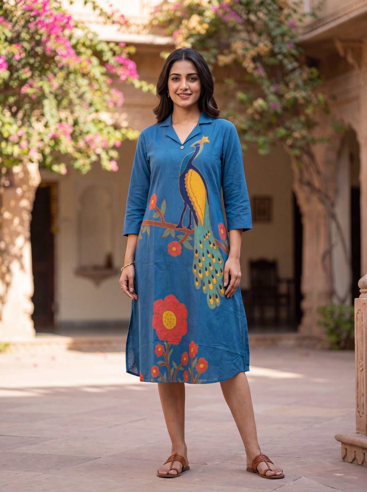 FREYAA Blue Peacock Print Gichha Cotton Midi Dress with Waist Tie-Up