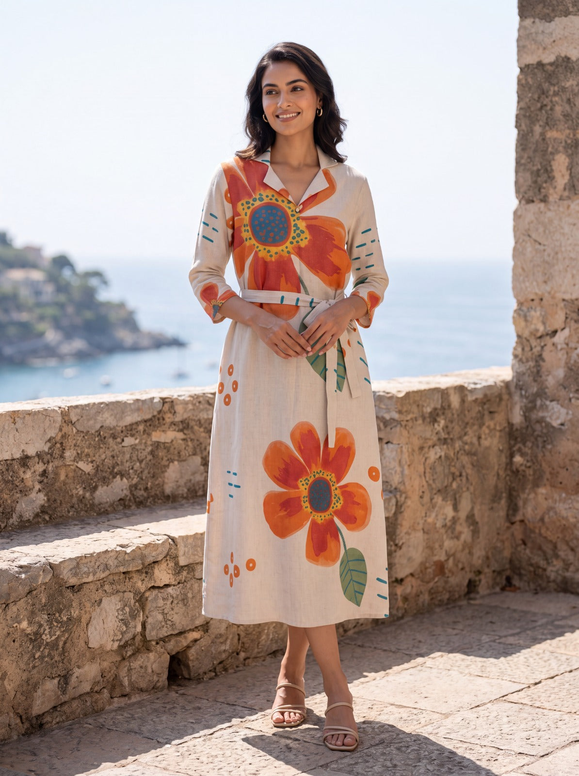 FREYAA Cream Floral Printed Cotton Midi Dress with Waist Tie-Up