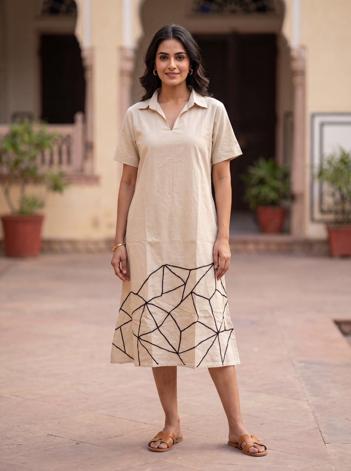 FREYAA Natural Cotton Flex Midi Dress with Abstract Embroidered Hem