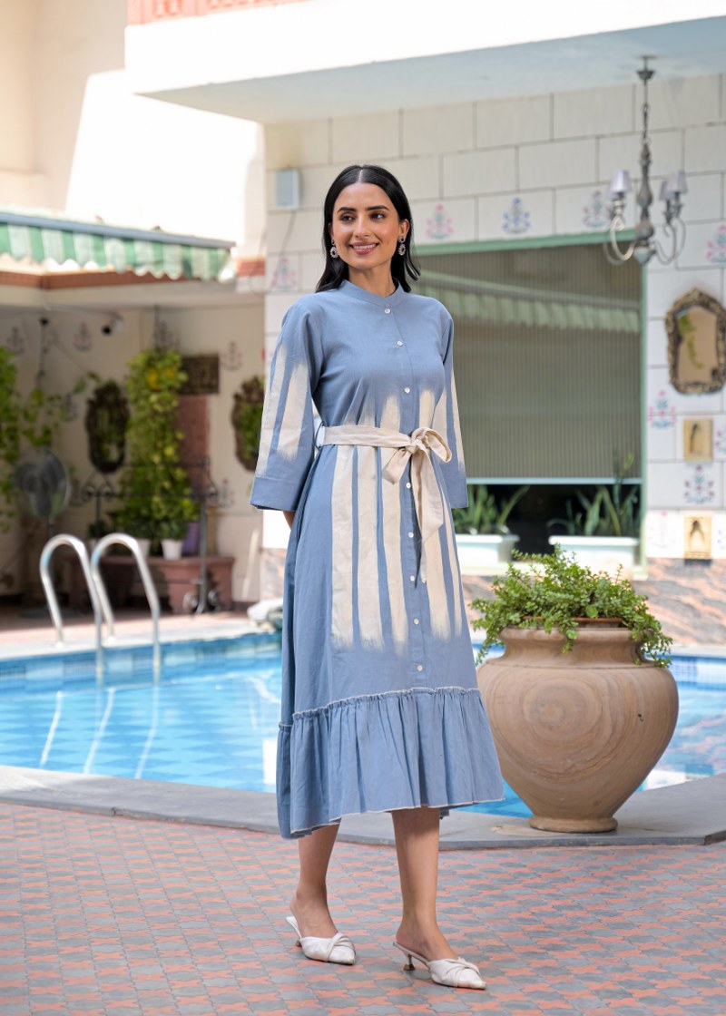 Blue Shirt Long Dress with Belt