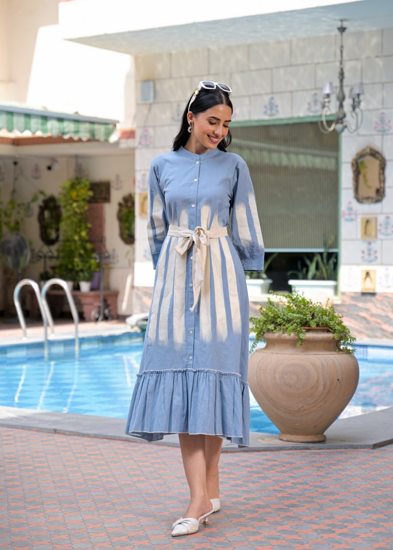 Blue Shirt Long Dress with Belt