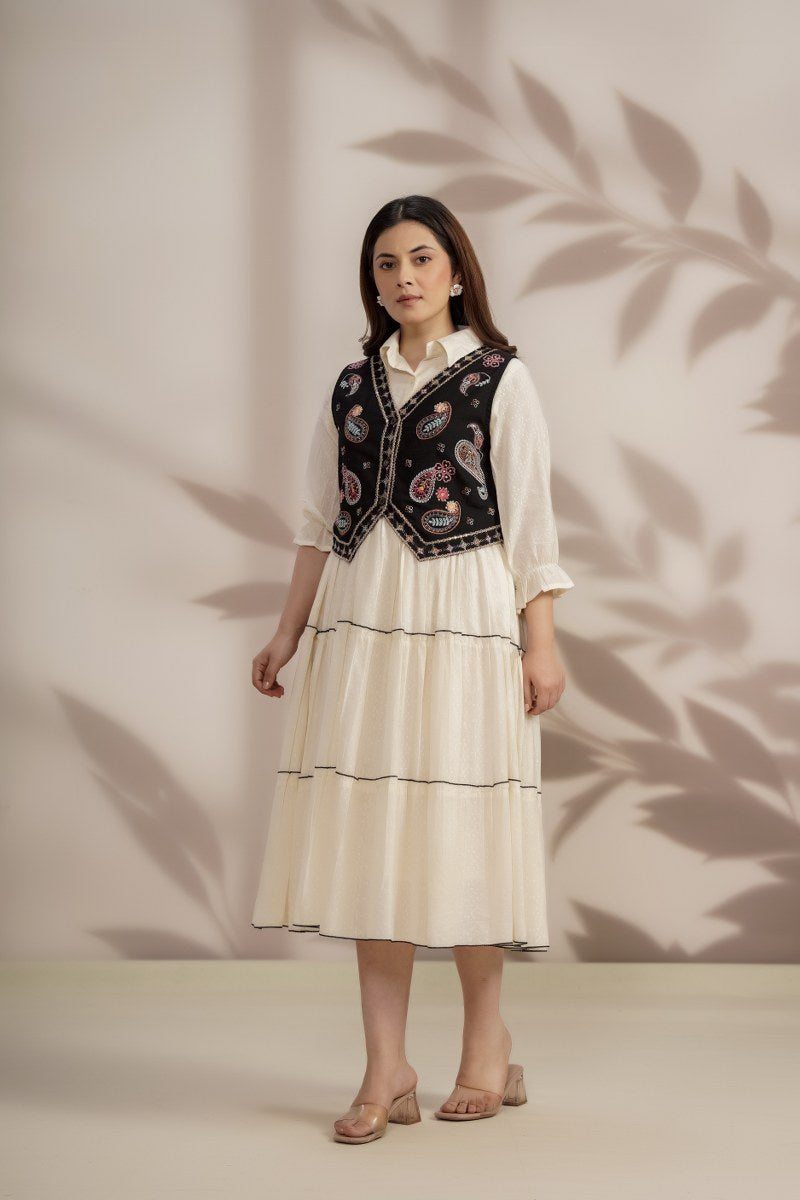 White Long Dress with Elegant Thread Embroidery Vest Jacket.