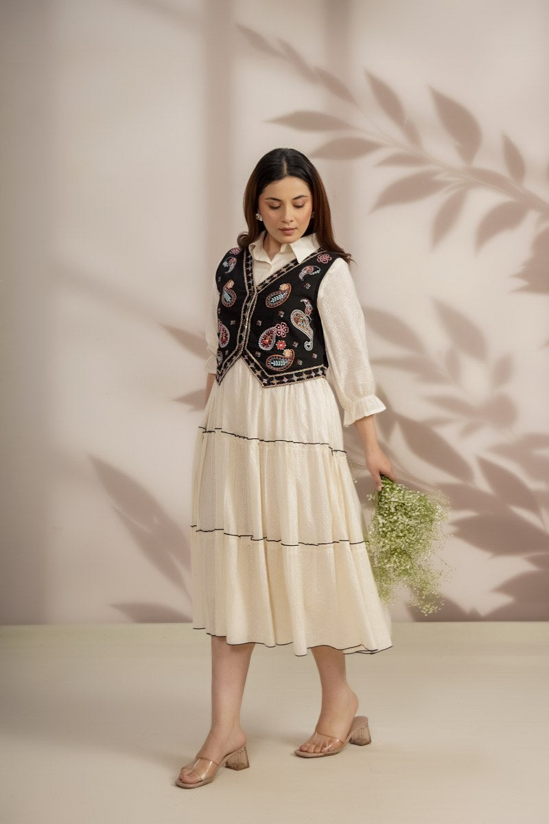 White Long Dress with Elegant Thread Embroidery Vest Jacket.