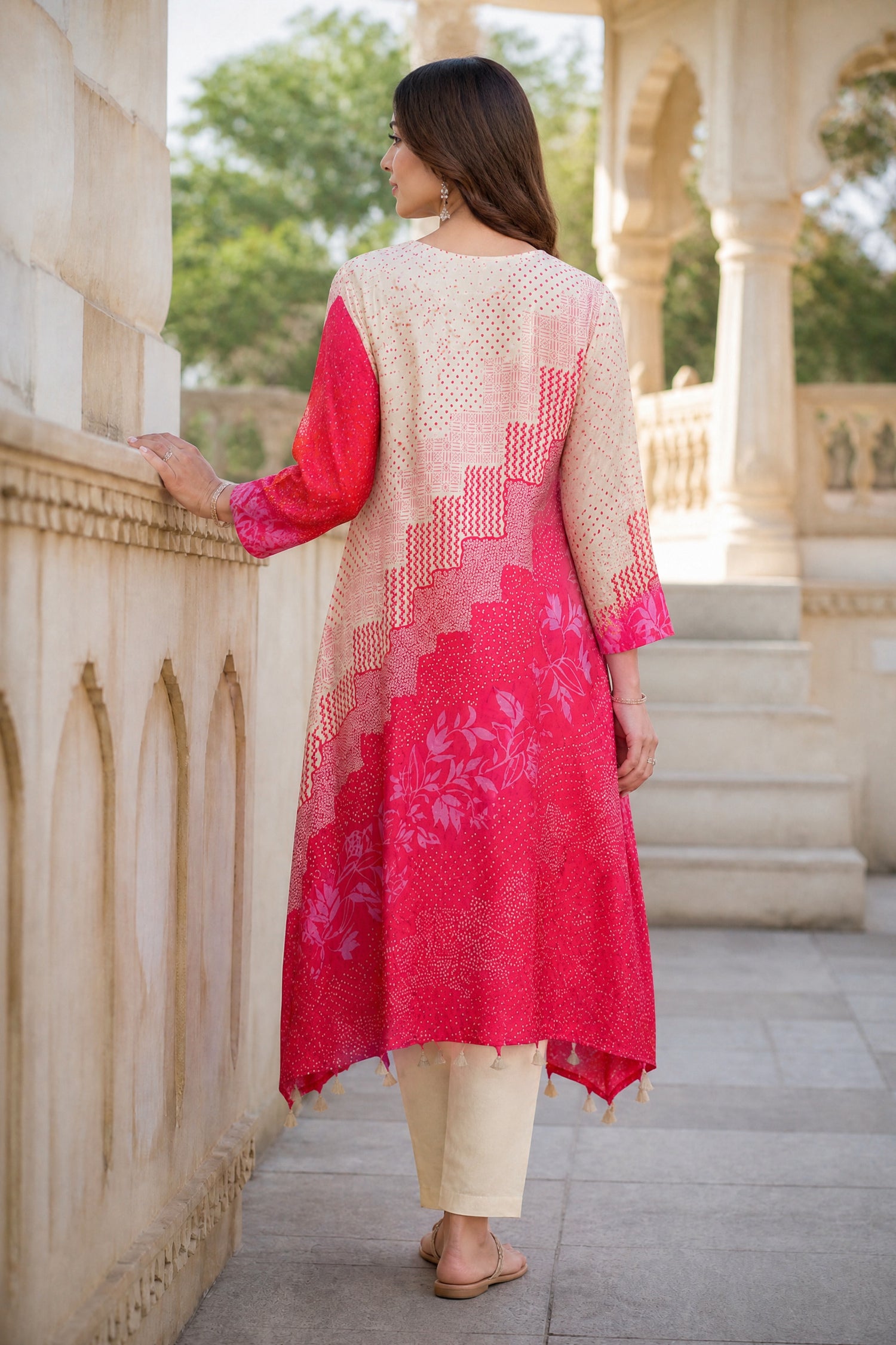 Beige and Pink Mosaic Printed Kaftan Kurta Set
