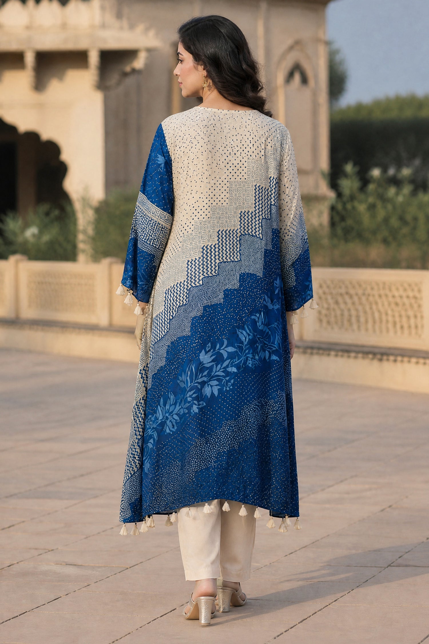 Beige and Blue Mosaic Printed Kaftan Kurta Set