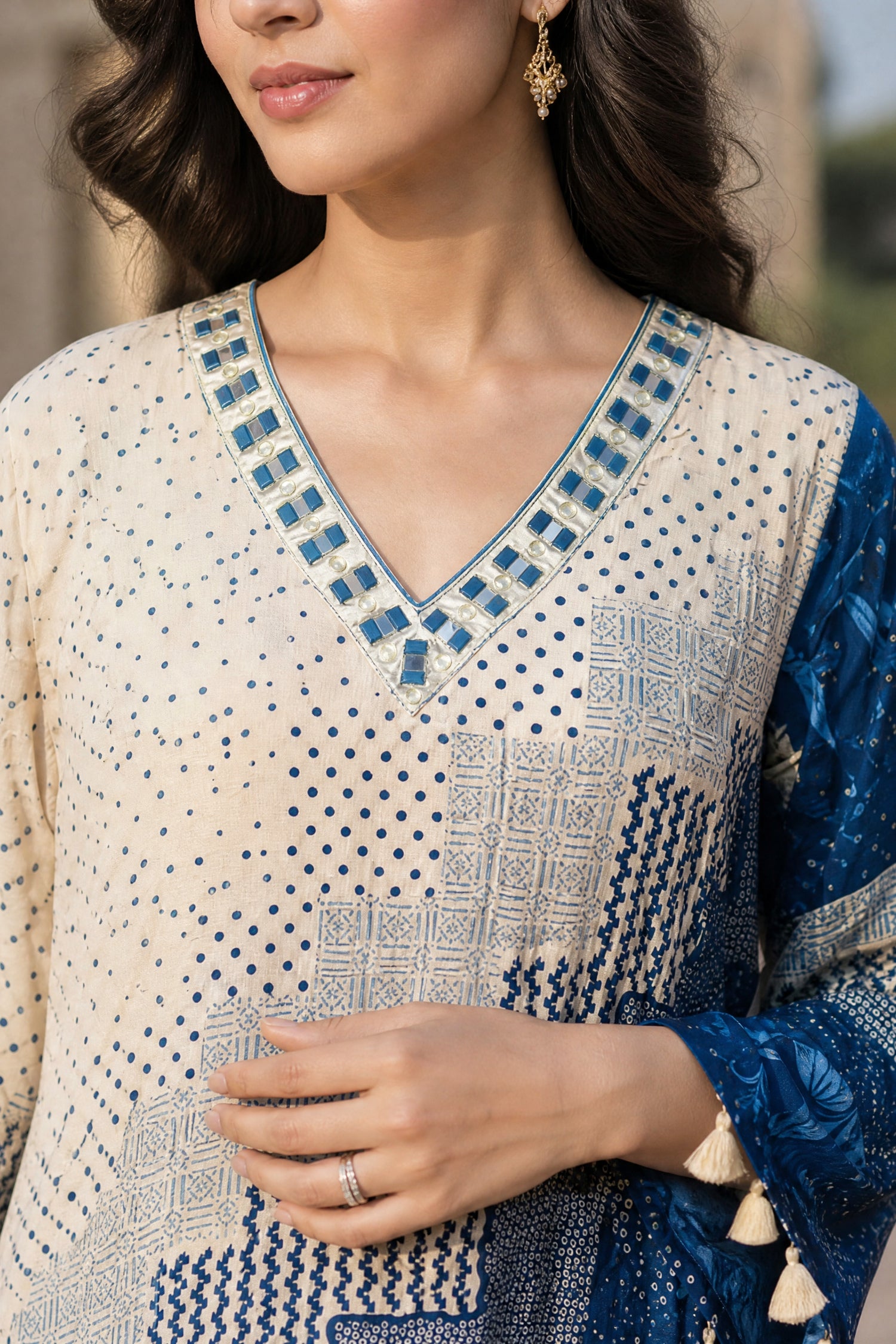 Beige and Blue Mosaic Printed Kaftan Kurta Set