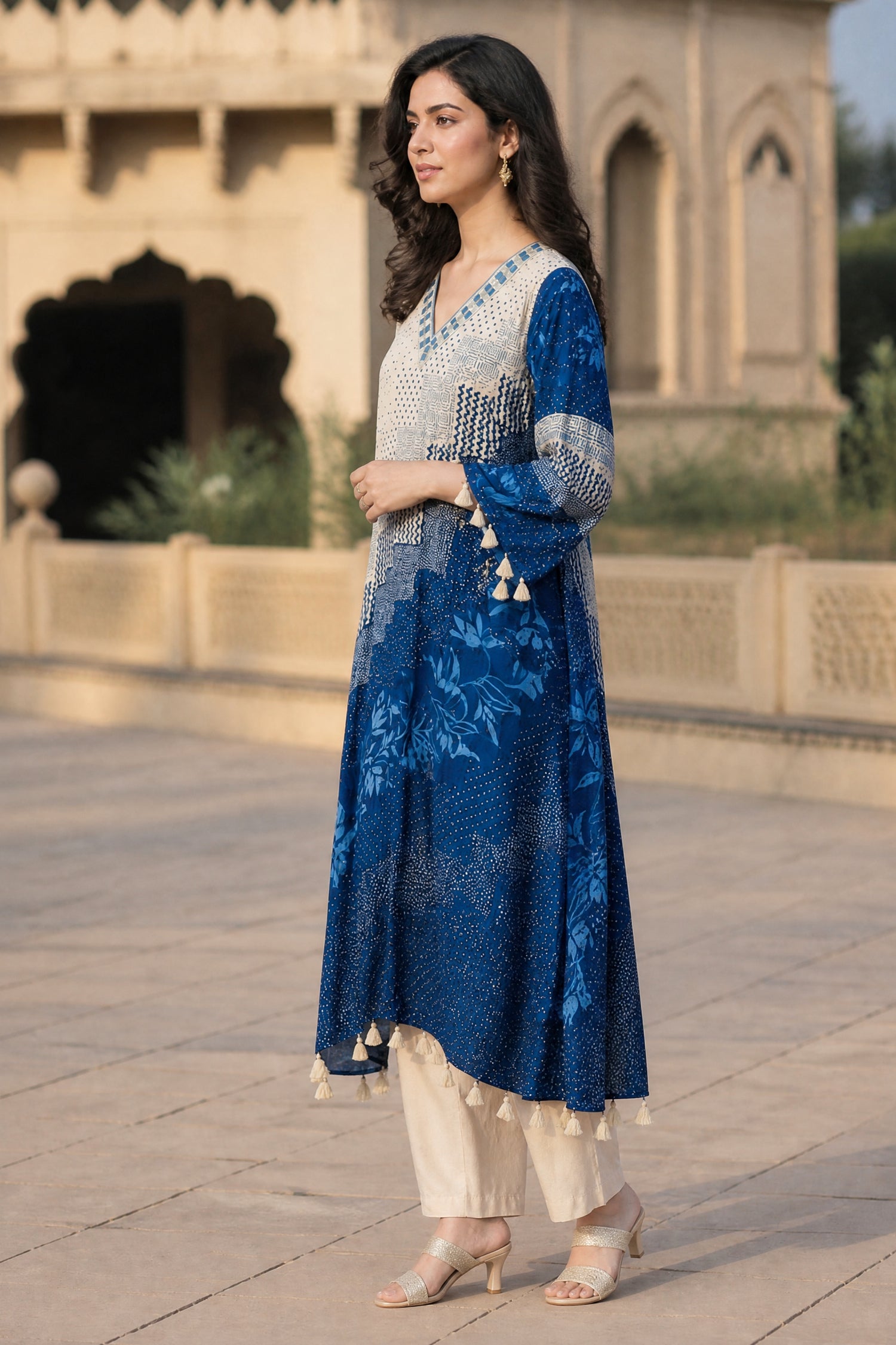 Beige and Blue Mosaic Printed Kaftan Kurta Set
