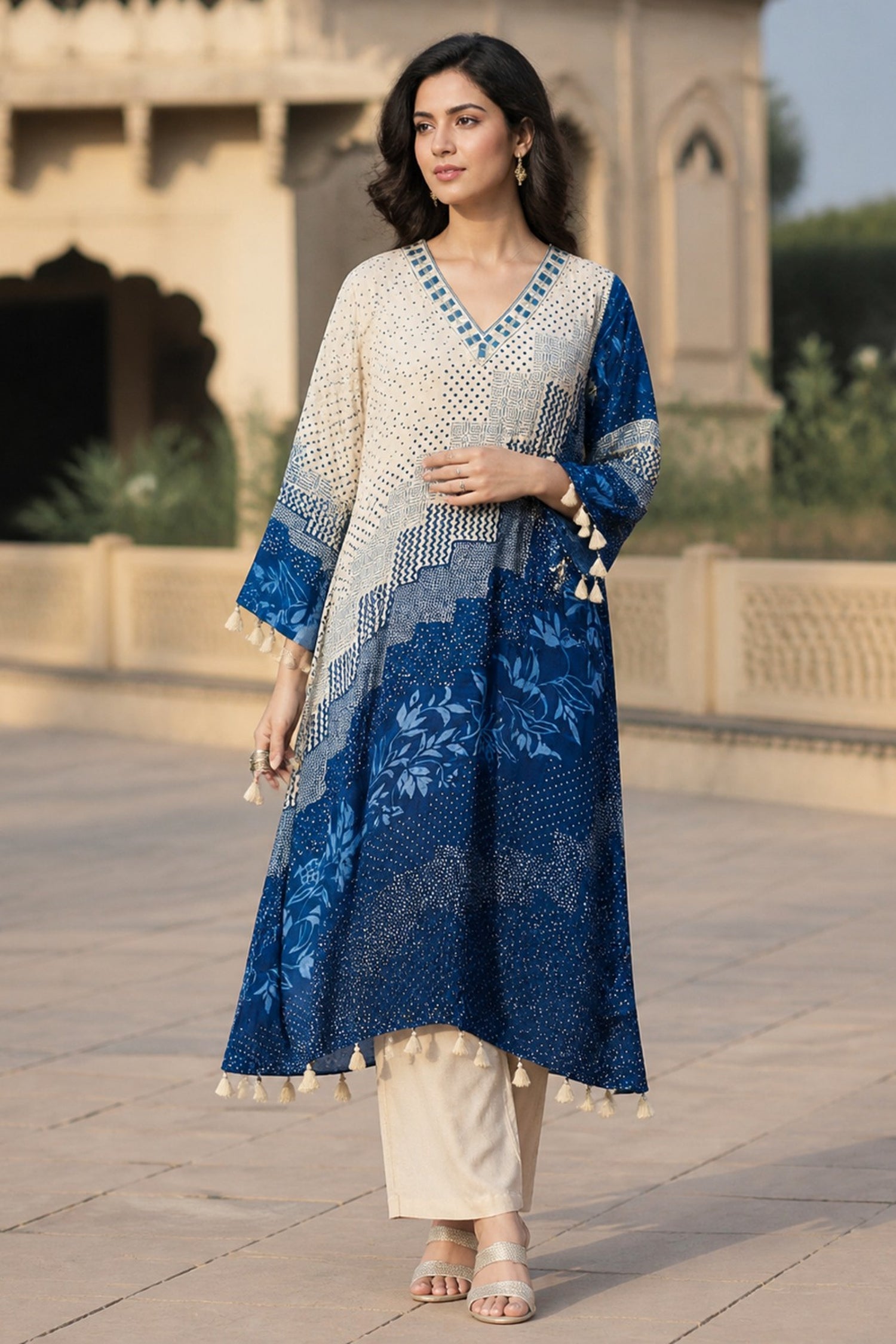 Beige and Blue Mosaic Printed Kaftan Kurta Set