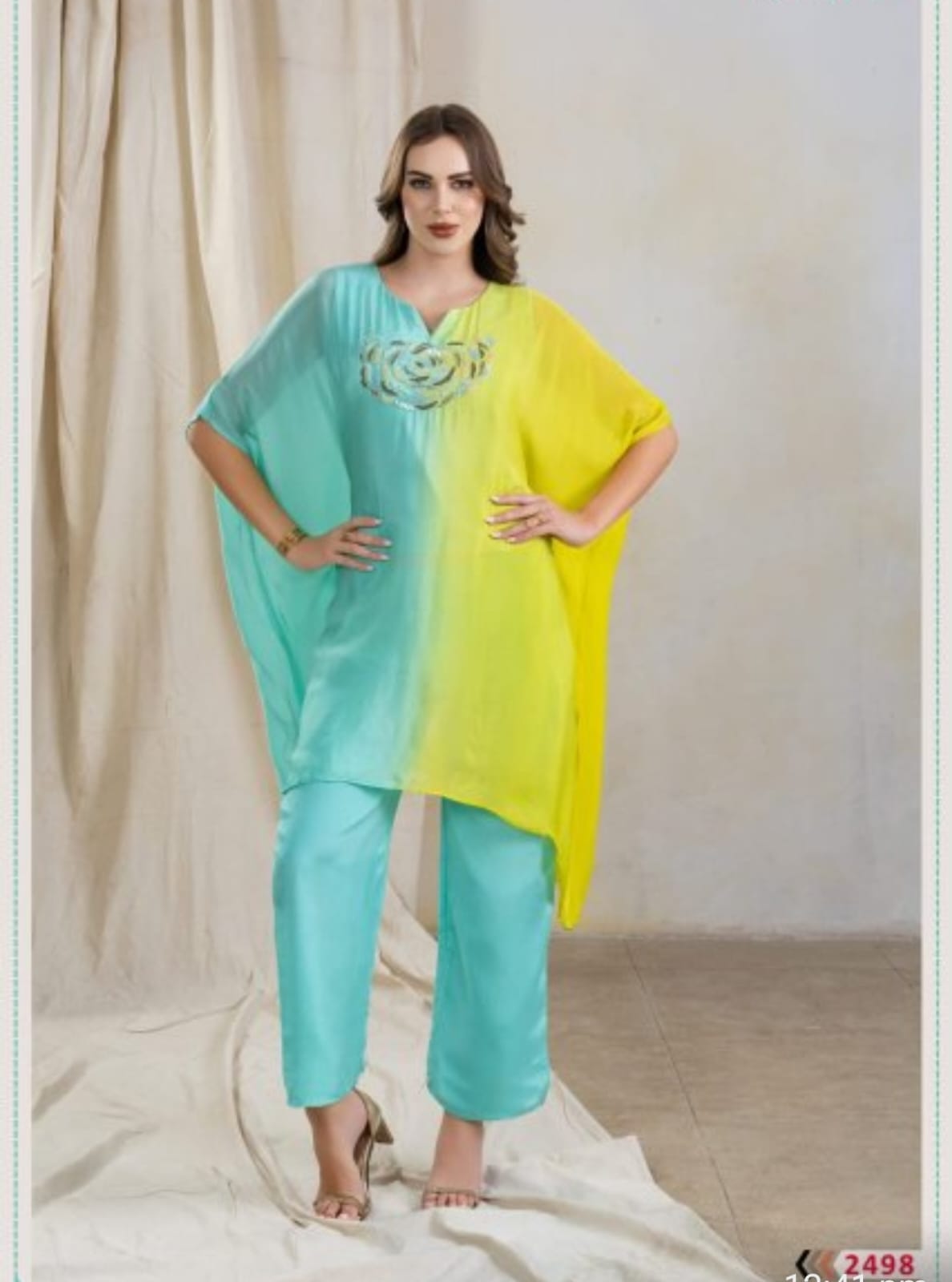 Sky Blue Ombre Embroidered Kaftan Coord Set