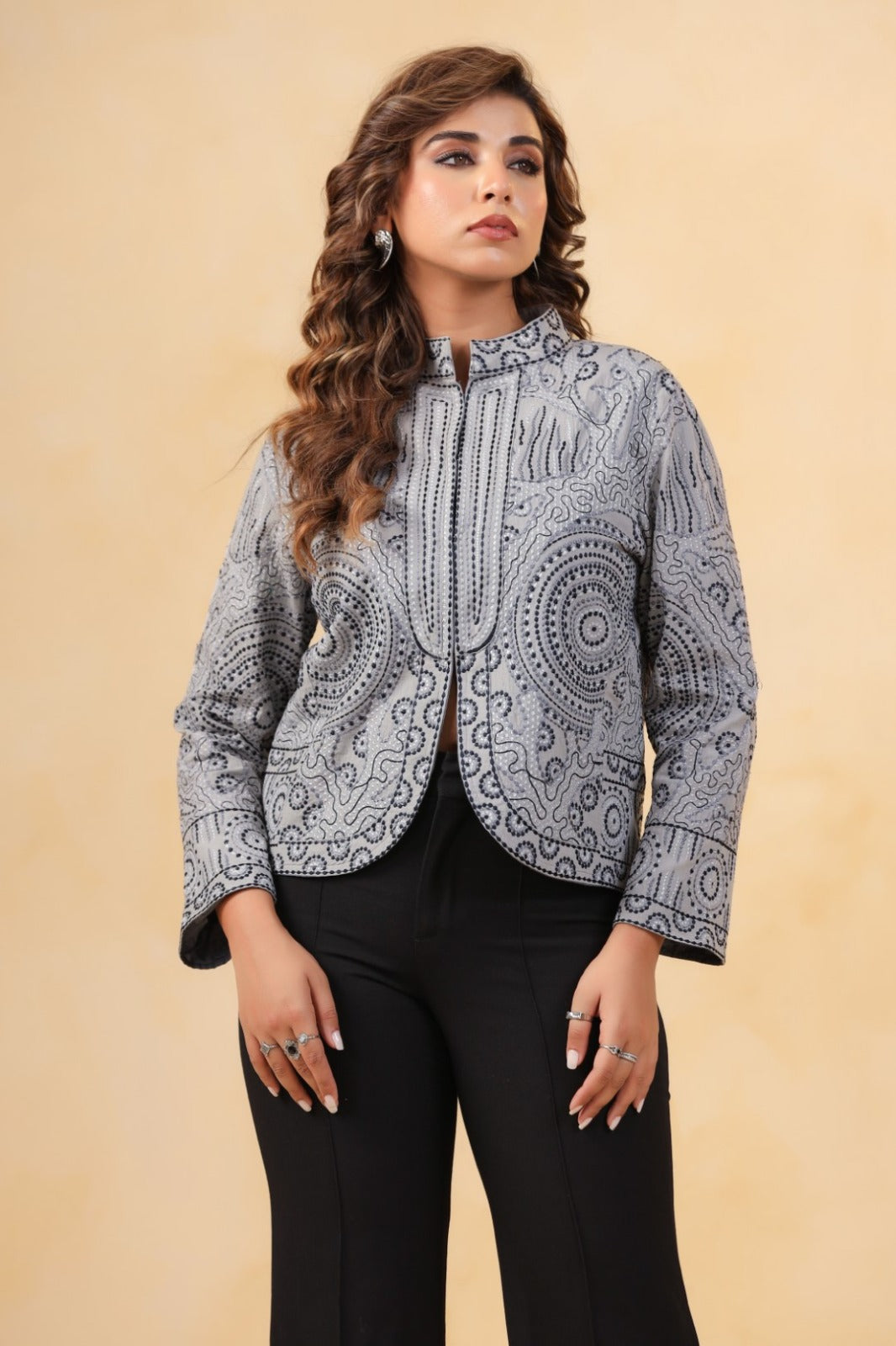 Grey Thread Work Cotton Ethnic Jacket