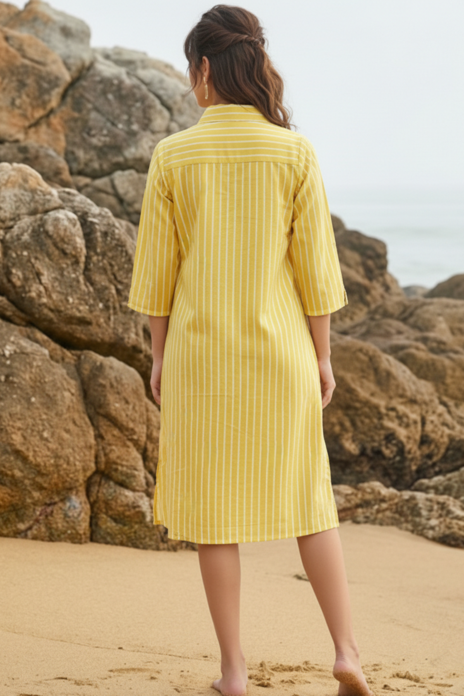 Yellow Striped Embroidered Shirt Dress