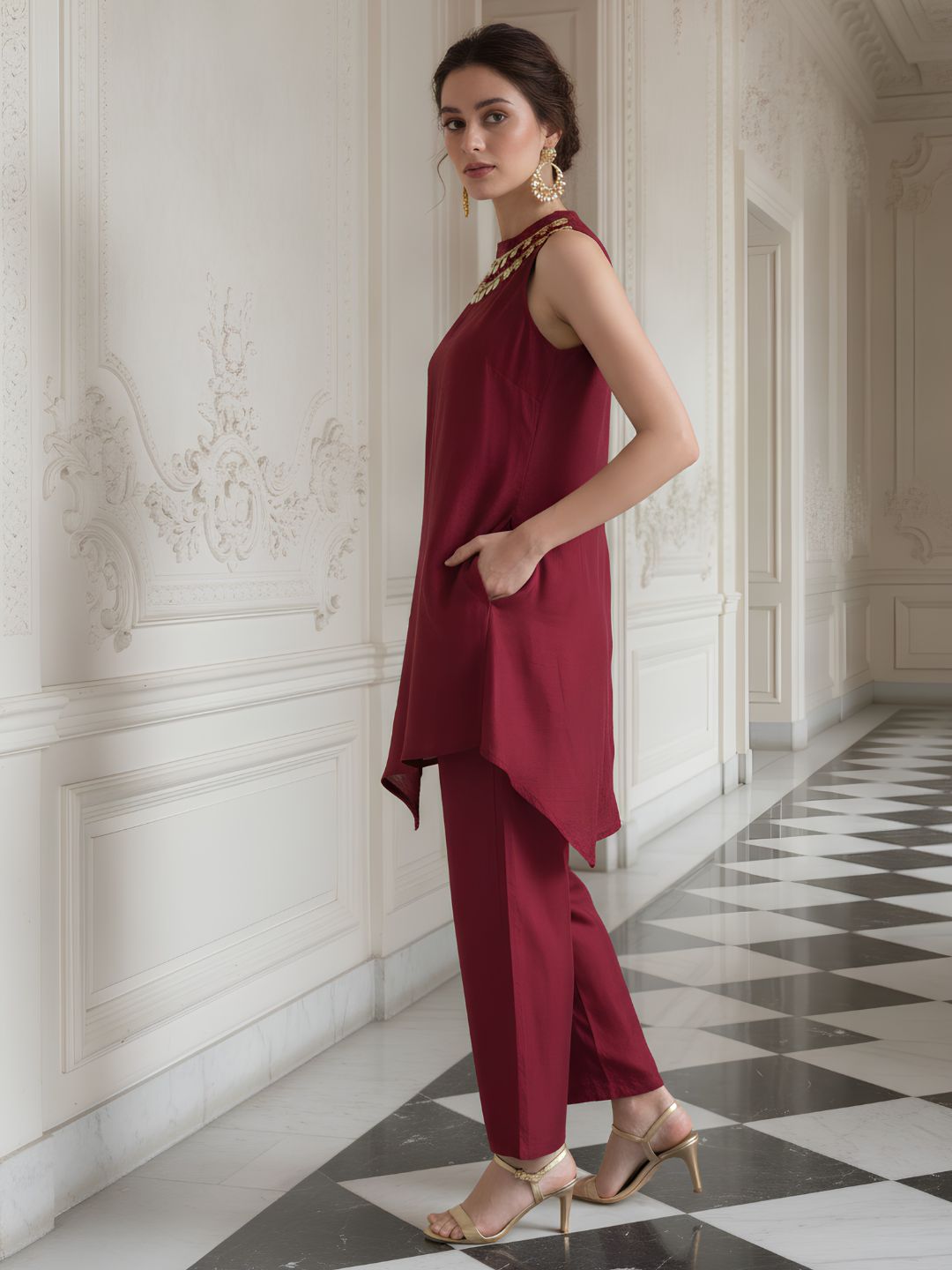 Red Marron Contemporary Asymmetrical Festive Co-Ord set