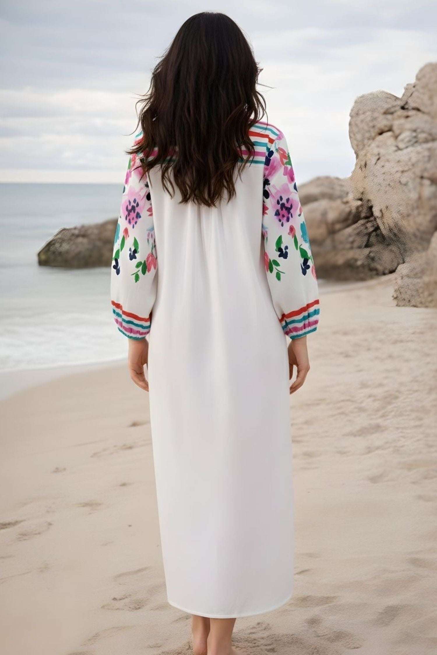 WHITE FLORAL VIBRANT A-LINE LONG SHIRT DRESS