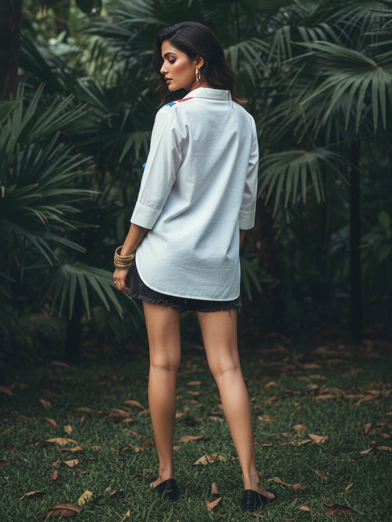 White Multicolor Thread Embroidered Cotton Shirt