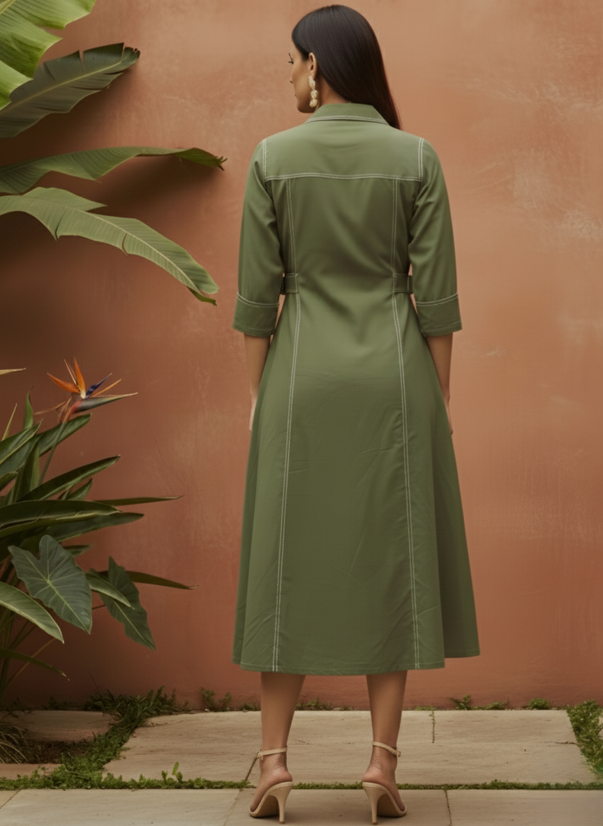 Olive Green Solid Denim Dress