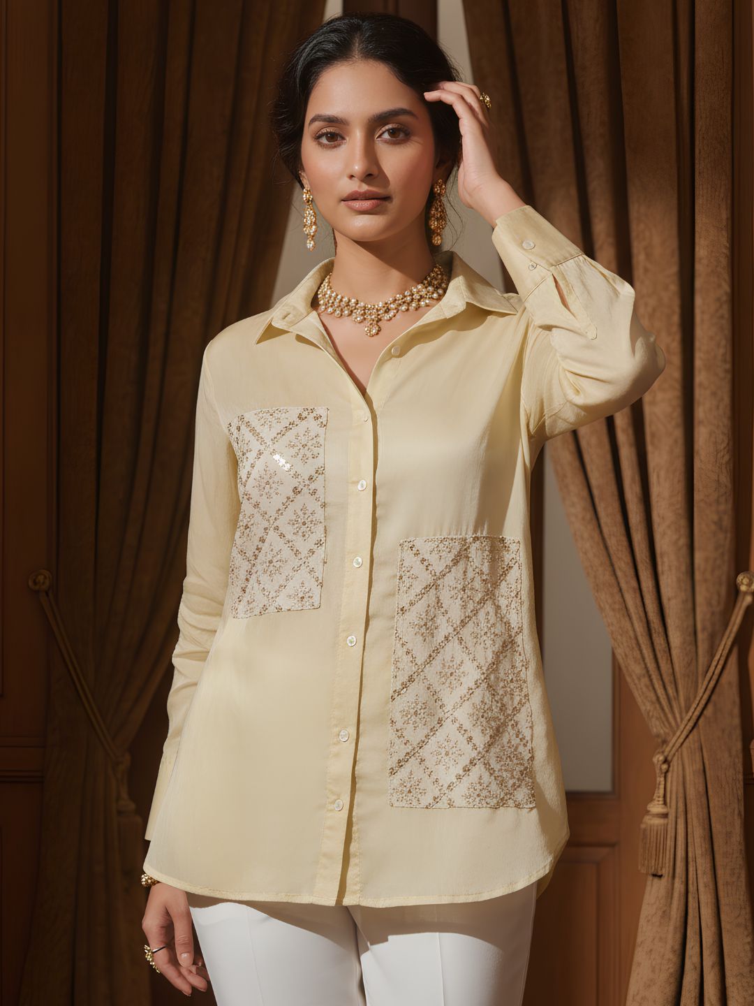 Chinon Silk Sequence Patch Work Collar Shirt